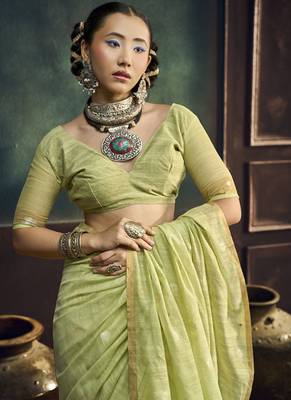 light lemon cotton blend handloom weaving casual wear saree 4