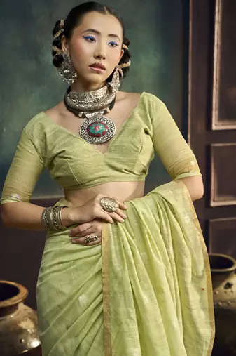 light lemon cotton blend handloom weaving casual wear saree