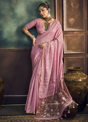 baby pink cotton blend handloom weaving casual wear saree 1
