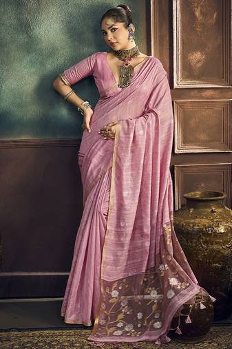 baby pink cotton blend handloom weaving casual wear saree