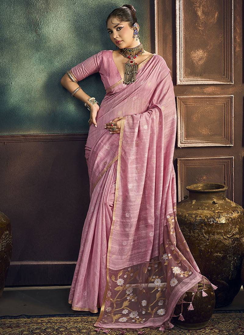 baby pink cotton blend handloom weaving casual wear saree