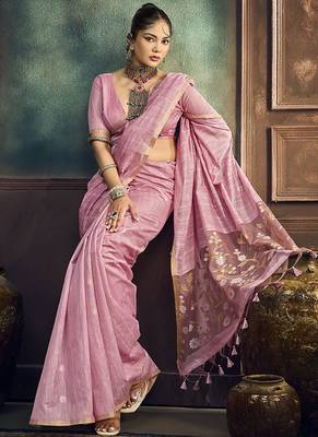 baby pink cotton blend handloom weaving casual wear saree 2