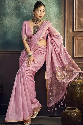 baby pink cotton blend handloom weaving casual wear saree