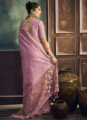 baby pink cotton blend handloom weaving casual wear saree 3