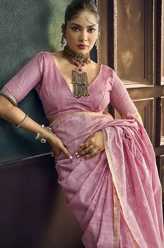baby pink cotton blend handloom weaving casual wear saree