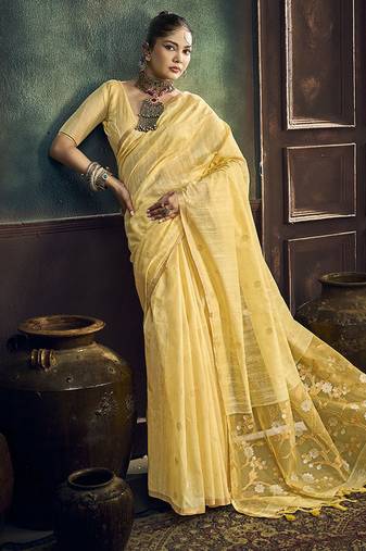 cream cotton blend handloom weaving casual wear saree