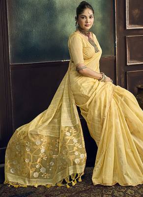 cream cotton blend handloom weaving casual wear saree 3