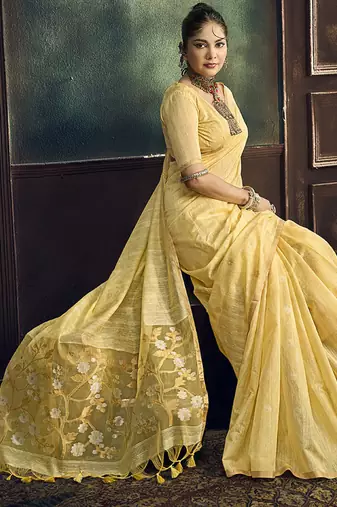 cream cotton blend handloom weaving casual wear saree