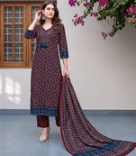 Red cotton floral printed straight kurta set with dupatta for women