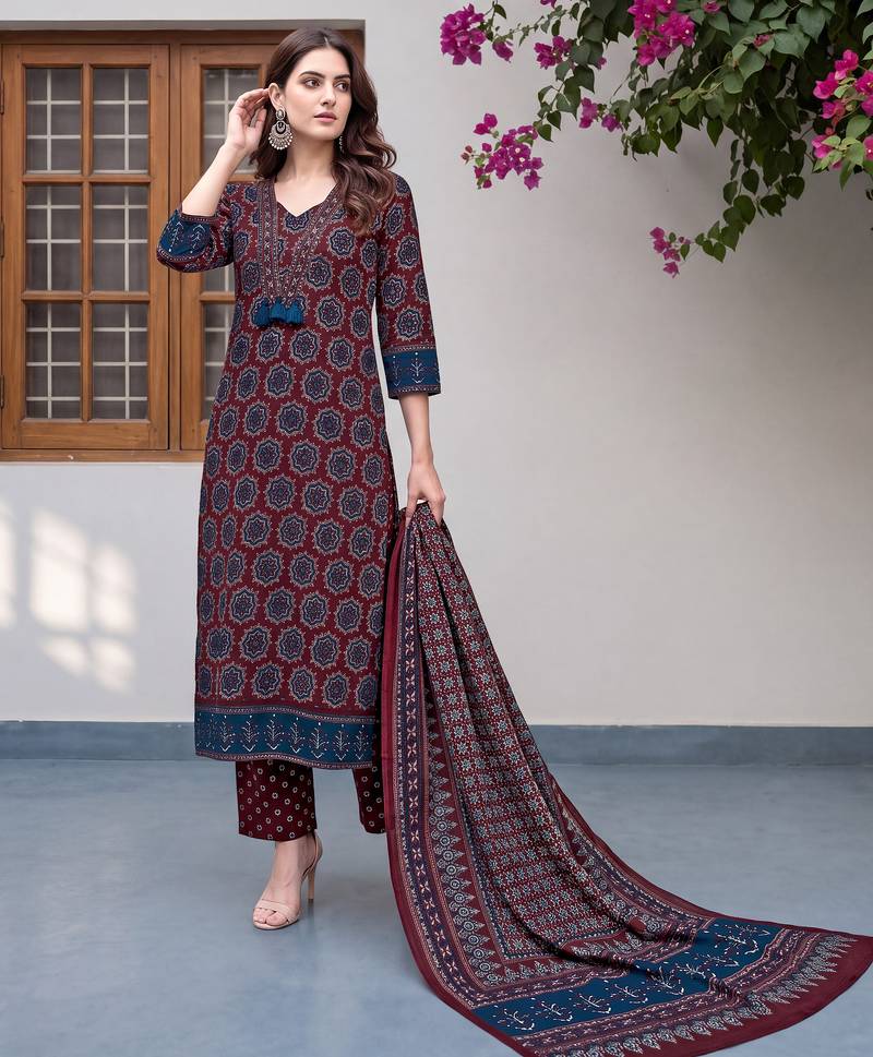 Red cotton floral printed straight kurta set with dupatta for women