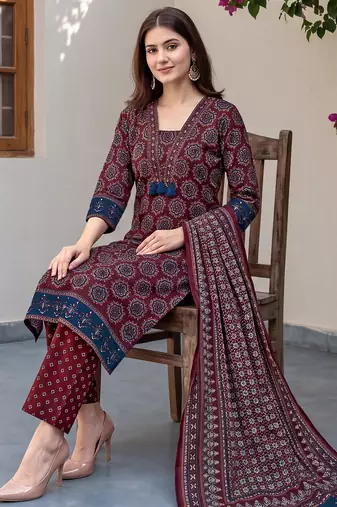 Red cotton floral printed straight kurta set with dupatta for women