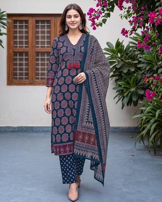 Blue cotton floral printed straight kurta set with dupatta for women 1