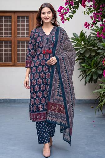 Blue cotton floral printed straight kurta set with dupatta for women