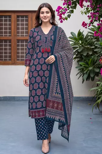 Blue cotton floral printed straight kurta set with dupatta for women