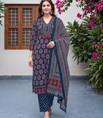 Blue cotton floral printed straight kurta set with dupatta for women