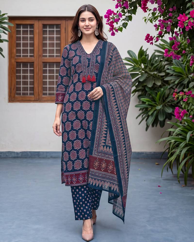Blue cotton floral printed straight kurta set with dupatta for women