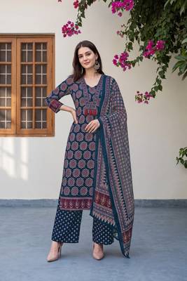 Blue cotton floral printed straight kurta set with dupatta for women 3