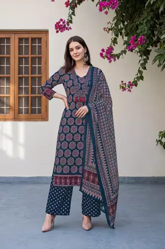 Blue cotton floral printed straight kurta set with dupatta for women