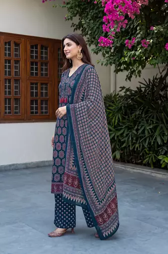 Blue cotton floral printed straight kurta set with dupatta for women