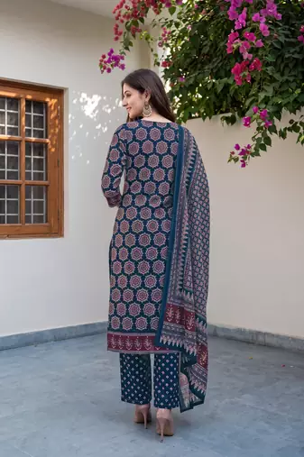 Blue cotton floral printed straight kurta set with dupatta for women