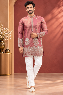 Peach Color Premium Design Embroidery Beads And Sequins Work Fabric Premium Shimmer Mens Ethnic Wear Kurta Pant Set 1