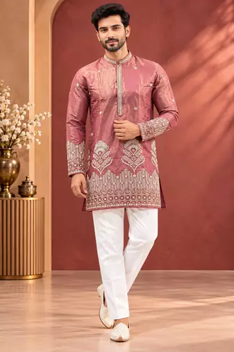 Peach Color Premium Design Embroidery Beads And Sequins Work Fabric Premium Shimmer Mens Ethnic Wear Kurta Pant Set