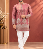 Peach Color Premium Design Embroidery Beads And Sequins Work Fabric Premium Shimmer Mens Ethnic Wear Kurta Pant Set