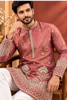 Peach Color Premium Design Embroidery Beads And Sequins Work Fabric Premium Shimmer Mens Ethnic Wear Kurta Pant Set 2