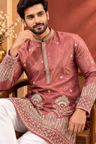 Peach Color Premium Design Embroidery Beads And Sequins Work Fabric Premium Shimmer Mens Ethnic Wear Kurta Pant Set