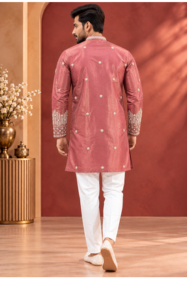 Peach Color Premium Design Embroidery Beads And Sequins Work Fabric Premium Shimmer Mens Ethnic Wear Kurta Pant Set 3