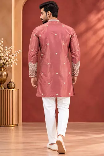 Peach Color Premium Design Embroidery Beads And Sequins Work Fabric Premium Shimmer Mens Ethnic Wear Kurta Pant Set
