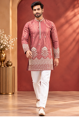 Peach Color Premium Design Embroidery Beads And Sequins Work Fabric Premium Shimmer Mens Ethnic Wear Kurta Pant Set 4
