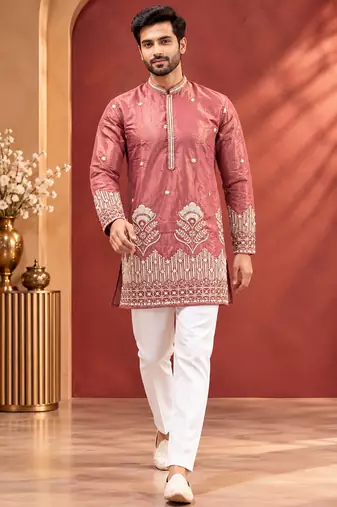 Peach Color Premium Design Embroidery Beads And Sequins Work Fabric Premium Shimmer Mens Ethnic Wear Kurta Pant Set