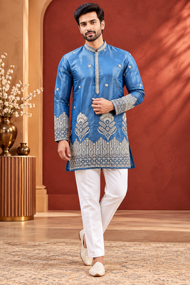 Blue Color Premium Design Embroidery Beads And Sequins Work Fabric Premium Shimmer Mens Ethnic Wear Kurta Pant Set 1
