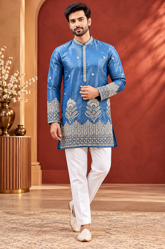 Blue Color Premium Design Embroidery Beads And Sequins Work Fabric Premium Shimmer Mens Ethnic Wear Kurta Pant Set