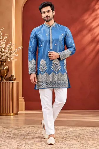 Blue Color Premium Design Embroidery Beads And Sequins Work Fabric Premium Shimmer Mens Ethnic Wear Kurta Pant Set