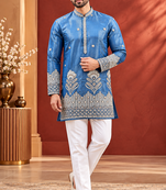 Blue Color Premium Design Embroidery Beads And Sequins Work Fabric Premium Shimmer Mens Ethnic Wear Kurta Pant Set