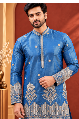 Blue Color Premium Design Embroidery Beads And Sequins Work Fabric Premium Shimmer Mens Ethnic Wear Kurta Pant Set 2