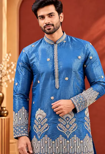 Blue Color Premium Design Embroidery Beads And Sequins Work Fabric Premium Shimmer Mens Ethnic Wear Kurta Pant Set