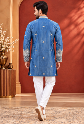 Blue Color Premium Design Embroidery Beads And Sequins Work Fabric Premium Shimmer Mens Ethnic Wear Kurta Pant Set 3