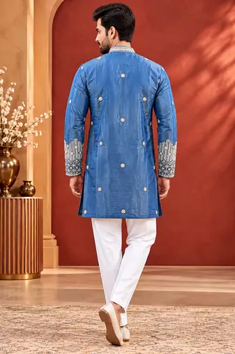 Blue Color Premium Design Embroidery Beads And Sequins Work Fabric Premium Shimmer Mens Ethnic Wear Kurta Pant Set