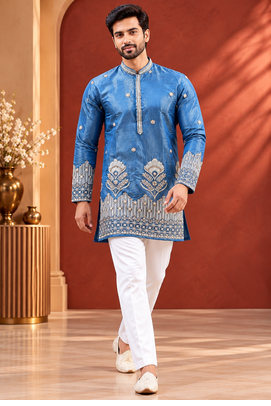 Blue Color Premium Design Embroidery Beads And Sequins Work Fabric Premium Shimmer Mens Ethnic Wear Kurta Pant Set 4
