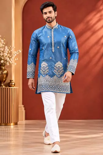 Blue Color Premium Design Embroidery Beads And Sequins Work Fabric Premium Shimmer Mens Ethnic Wear Kurta Pant Set