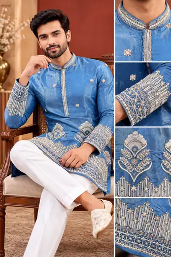 Blue Color Premium Design Embroidery Beads And Sequins Work Fabric Premium Shimmer Mens Ethnic Wear Kurta Pant Set