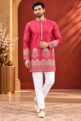 Pink Color Premium Design Embroidery Beads And Sequins Work Fabric Premium Shimmer Mens Ethnic Wear Kurta Pant Set