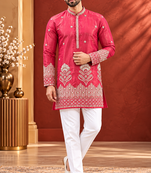 Pink Color Premium Design Embroidery Beads And Sequins Work Fabric Premium Shimmer Mens Ethnic Wear Kurta Pant Set