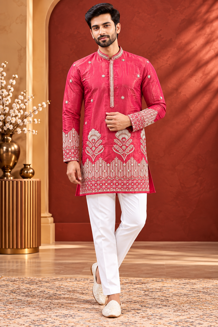 Pink Color Premium Design Embroidery Beads And Sequins Work Fabric Premium Shimmer Mens Ethnic Wear Kurta Pant Set