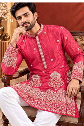 Pink Color Premium Design Embroidery Beads And Sequins Work Fabric Premium Shimmer Mens Ethnic Wear Kurta Pant Set 2