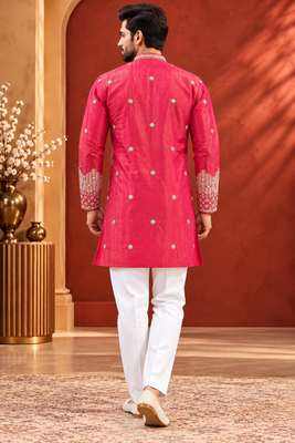Pink Color Premium Design Embroidery Beads And Sequins Work Fabric Premium Shimmer Mens Ethnic Wear Kurta Pant Set 3
