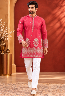 Pink Color Premium Design Embroidery Beads And Sequins Work Fabric Premium Shimmer Mens Ethnic Wear Kurta Pant Set 4